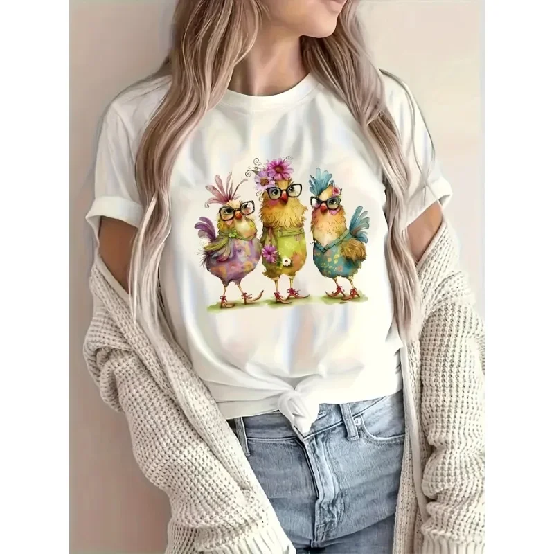 2024 Summer Fashion Women\'s T-shirt Fun Chicken Flower Animal Print T-shirt Femme Harajuku Shirt Kawaii Clothing T-shirt Women