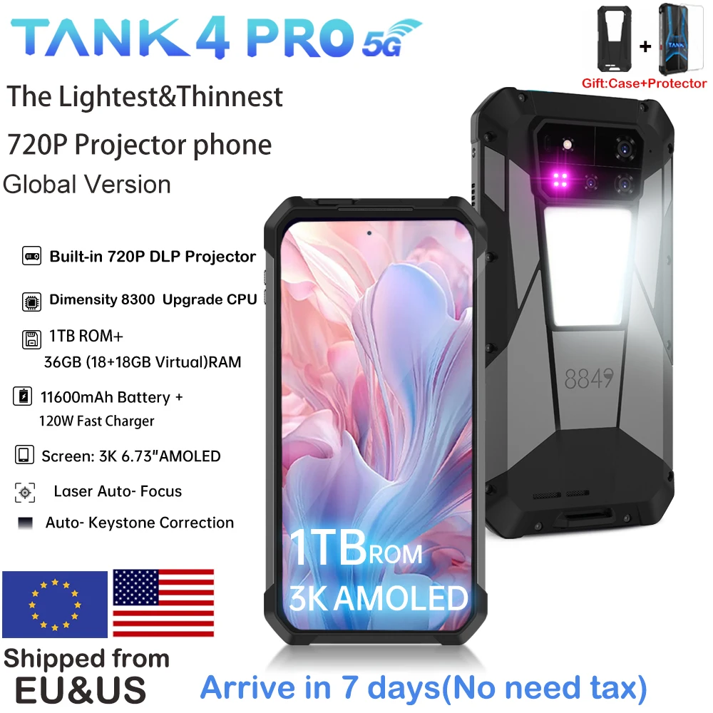 8849 Tank 4 Pro Unihertz 5G Rugged Projector Smartphone 1TB 36G Android 14 Sports Phone 11600mAh Dimensity 8300 AMOLED 120HZ