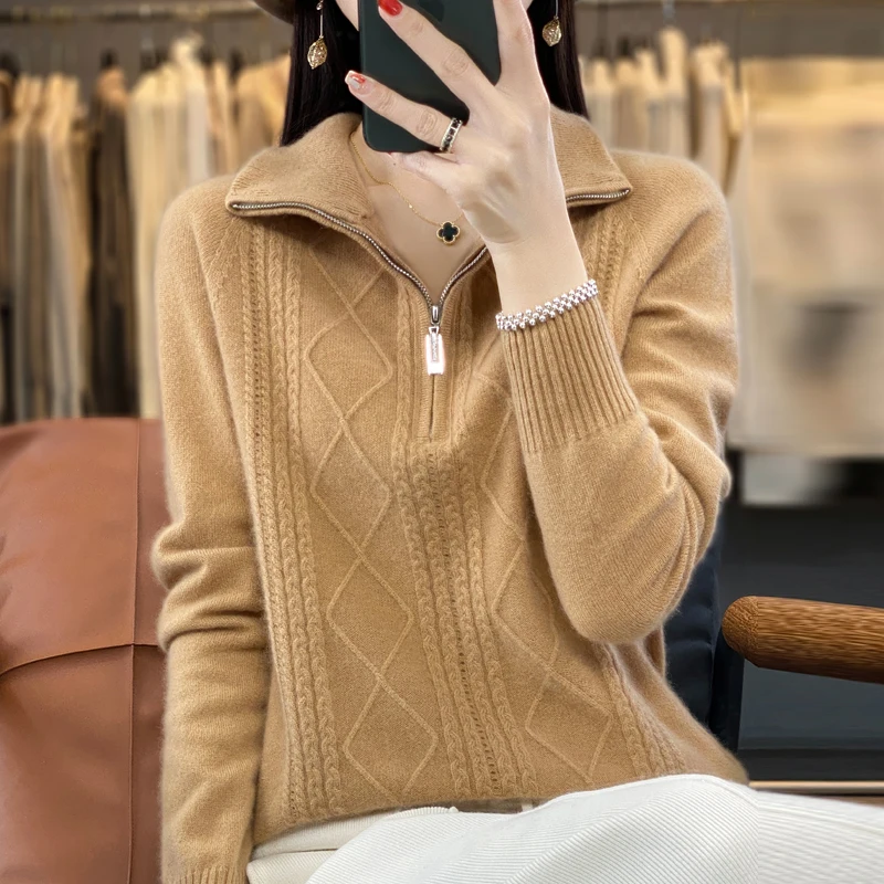 100% Merino Wool Sweater Slim-fit Half Zipper Ladies Solid Color Long Sleeve Knitted Pullover Ladies Thickened Sweater