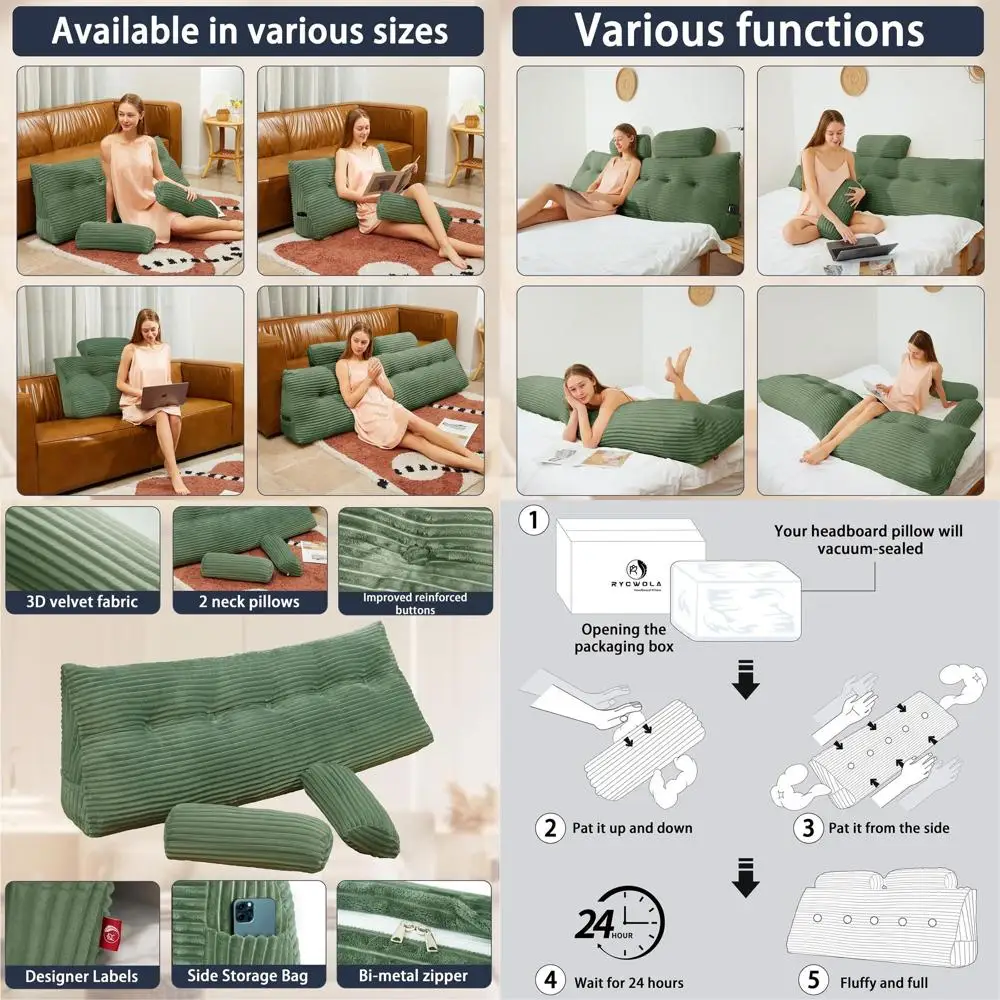 

Подушка изголовья на танкетке размера «queen-size» с 2 рулонами для шеи, мягкая и поддерживающая, съемный чехол, шалфейно-зеленый, 59x8x20 дюймов