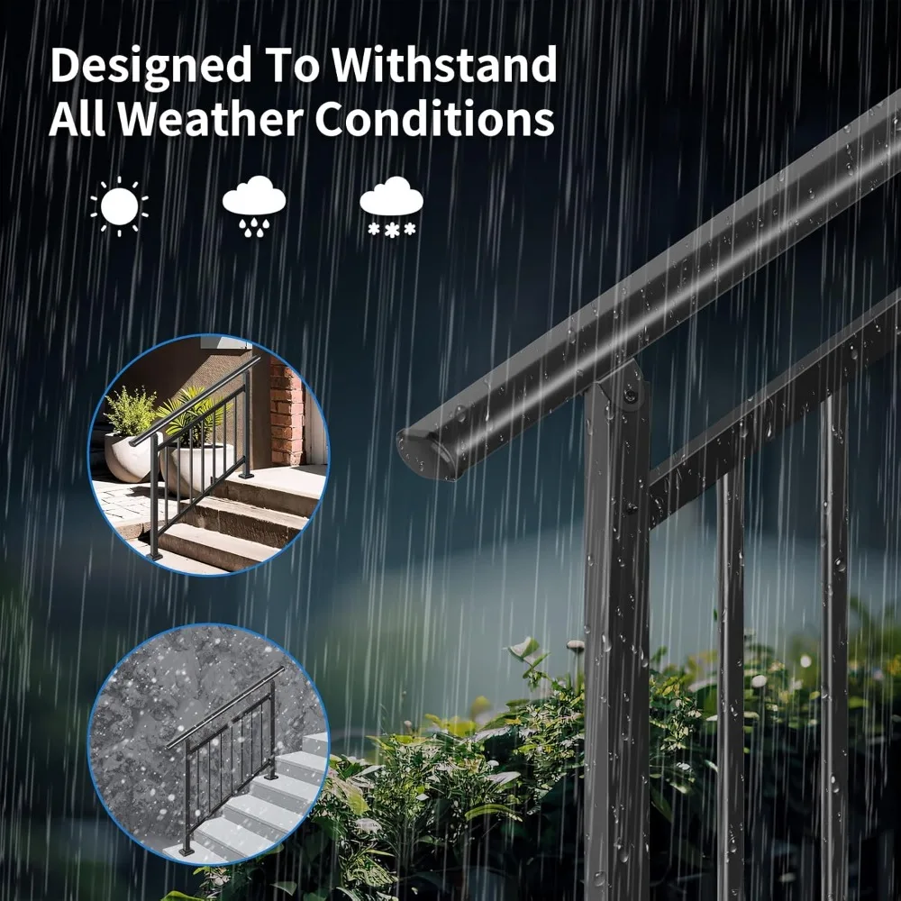 2-in-1 3 Step Stair&Horizontal Handrail Outdoor,Black Wrought Iron Handrails for Outdoor Steps,Porch Railing,Installation Kit