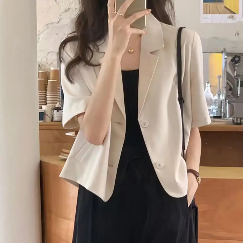 

Women Suit Coat Lapel Short Sleeve Loose Fit Suit Jacket With Pockets Solid Color Loose Fit Cropped Blazers Summer Business Coat