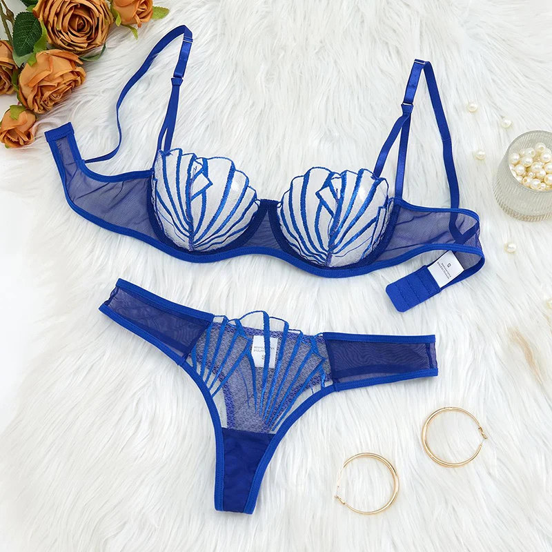 

Lingerie Ultra Sexy Summer Thin Underwear Women Set Deep Blue See Through Lingerie Tulle Intimate Sexy Female Bra and Panty Set