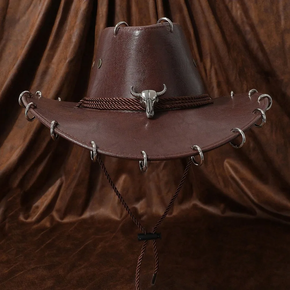 Shadow Hat Wide Brim Western Cowboy Hat Pu Leather Solid Color Panama Cap Ethnic Style Punk Summer Hat Outdoor