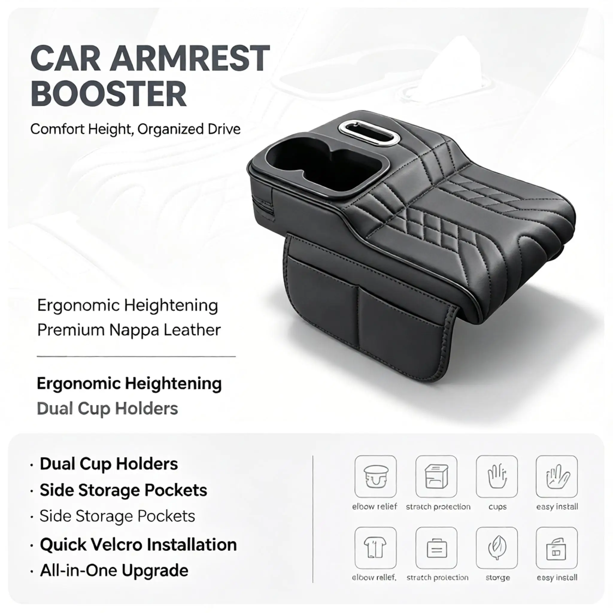 Car Armrest Cushion with Dual Cup Holders & Side Storage Pockets, Center Console Heightening Pad, Nappa Leather Elbow Support