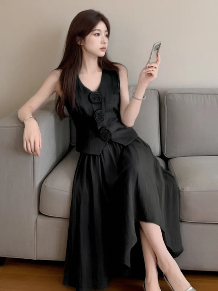 High Quality French 2 Piece Sets Woman Outfit Korean 3D Flowers V-neck Short Sleeveless Top + Long Skirt Suits Ensemble Femmes