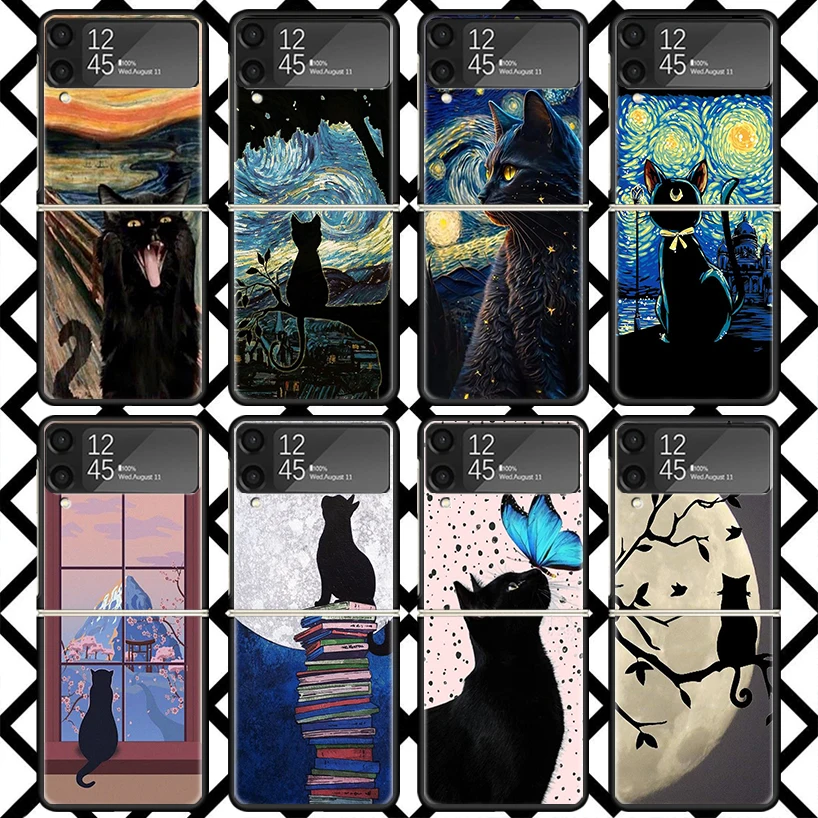 Black Cat Cartoon Cute Phone Case For Samsung Z Flip 7 6 5 4 3 Galaxy ZFLIP7 ZFlip6 5G Flip5 Flip4 Flip3 5g Black Hard Cover