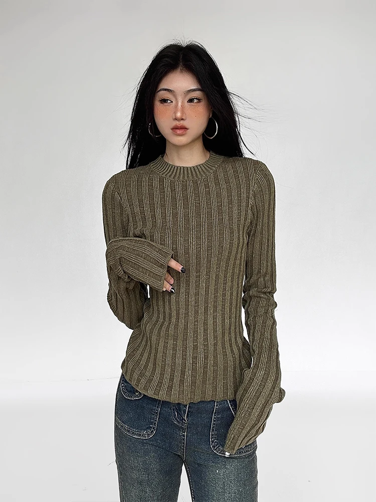 Hot girl retro niche design dark green ribbed sweater