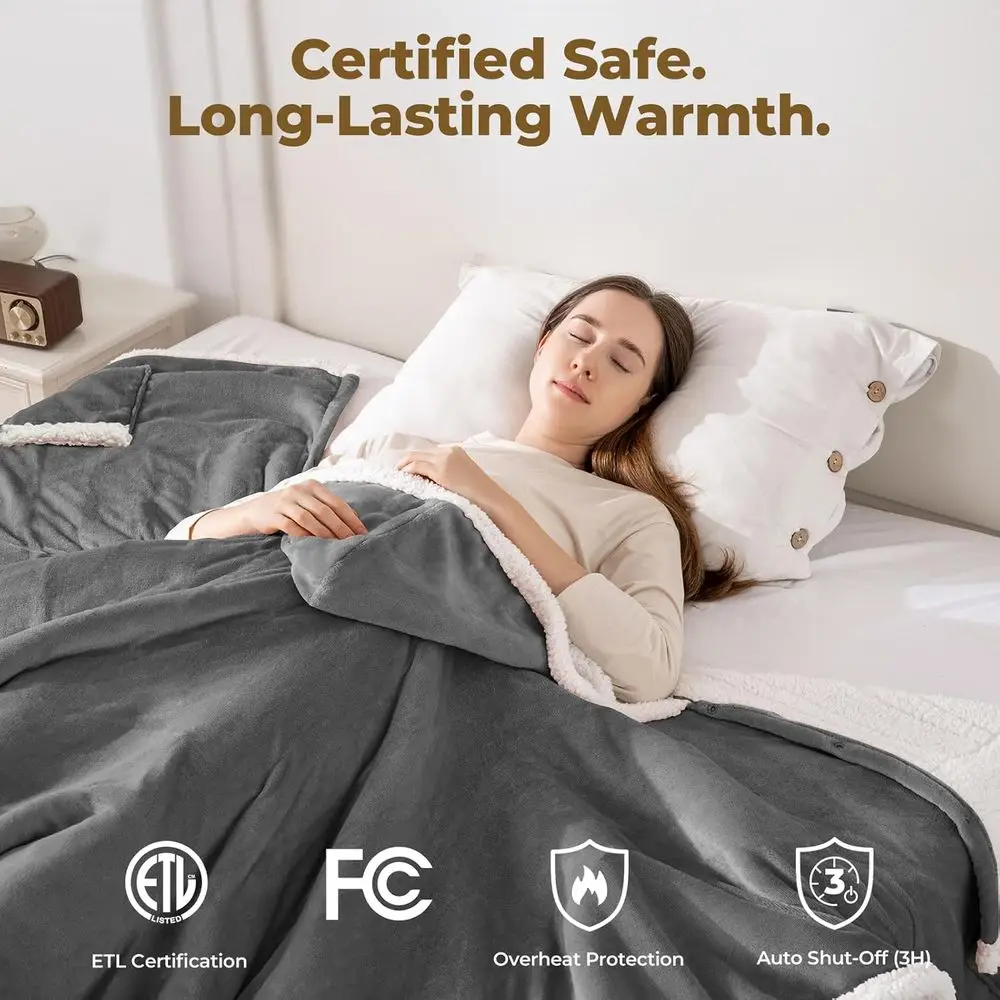 Electric Heated Blanket with Hood & Pockets, 5 Levels, Auto-Off, Washable, Certified, Unisex, Light Grey, 56x63