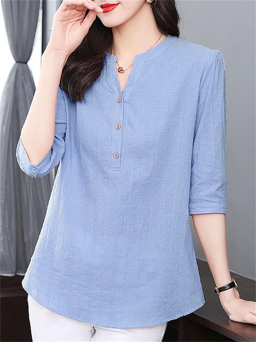 5XL Women Spring Summer Blouses Shirts Lady Fashion Casual Half Sleeve V-Neck Collar Solid Color Blusas Tops TT2340