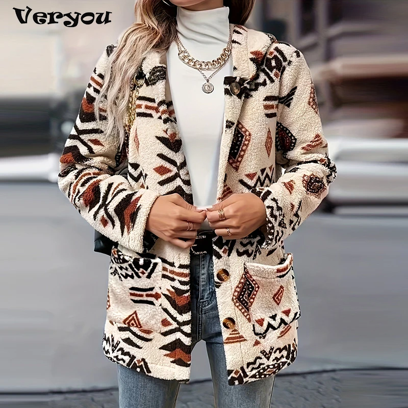 

Autumn Winter Women Puff Breasted Warm Hoodies Jacket Women Casual Thick Plush Long Sleeve Coat Women Print Pocket Outerwear
