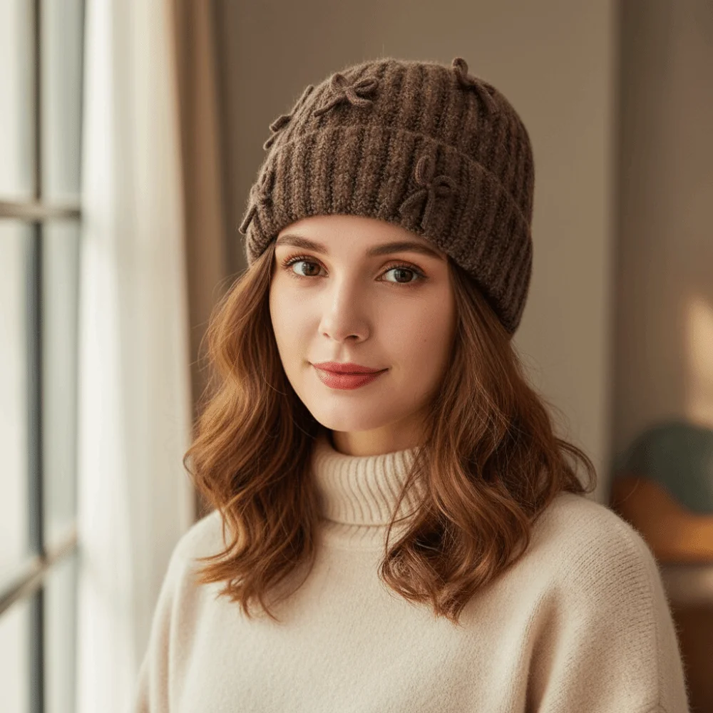 

Retro Thick Knitted Beanie Hat Warm Bowknot Woolen Pullover Hat Solid Color Korean Style Korean Sweet Bow Hat Autumn
