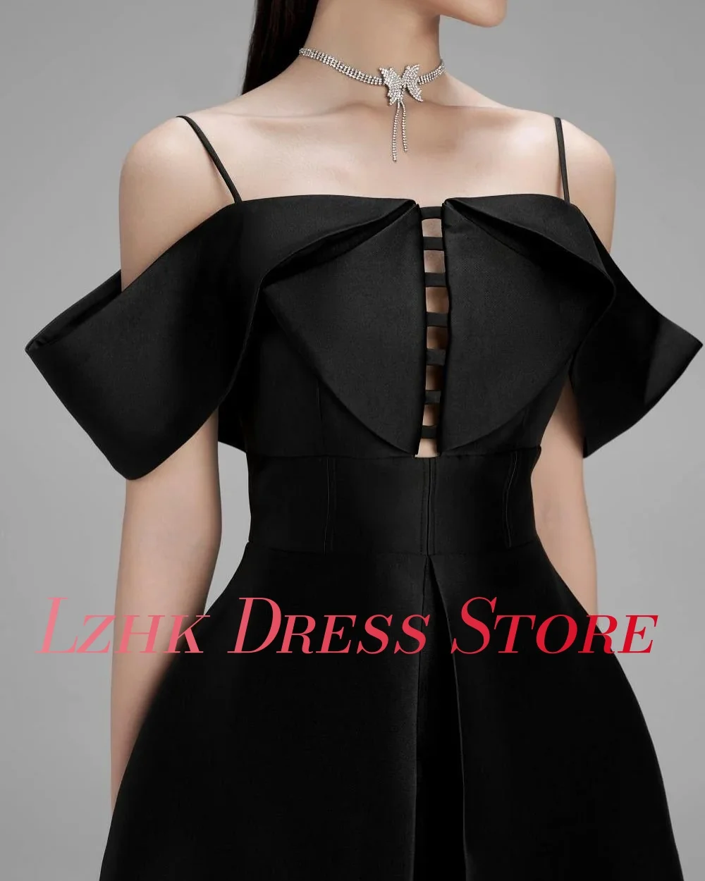 فستان سهرة مخصص عالي الجودة من الساتان على شكل حرف a بحمالات رفيعة وأكمام قصيرة حديثة بطول الكاحل