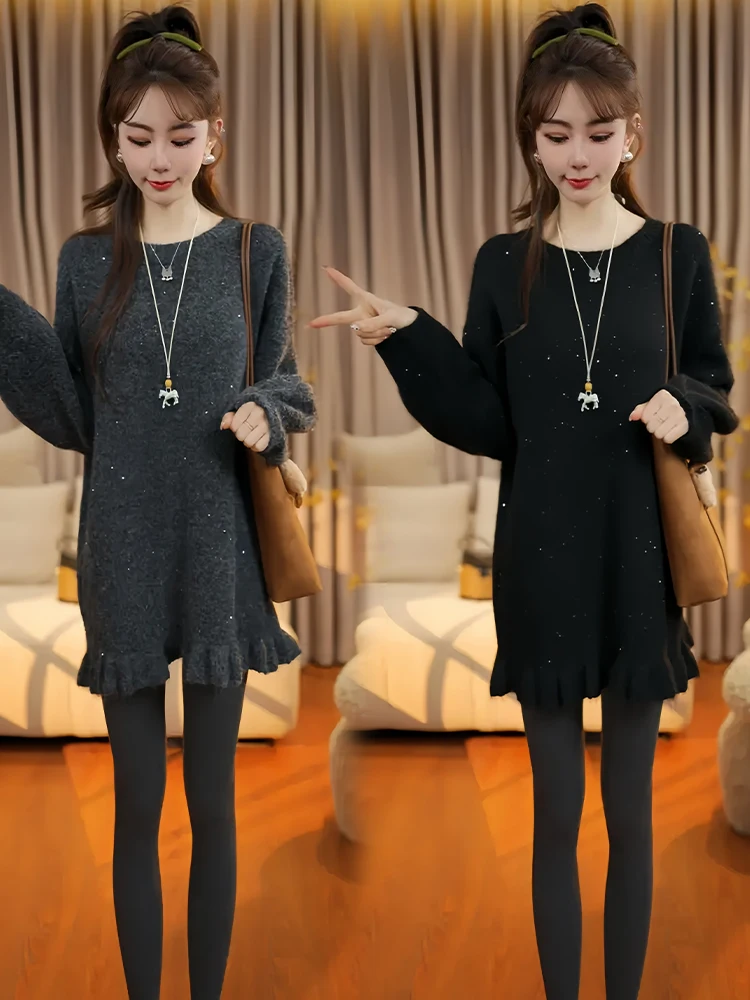 

Стильный женский вязаный свитер средней длины с пайетками и кружевной отделкой, удобный, дышащий, с длинными рукавами, круглым вырезом, пуловер на осень-зиму