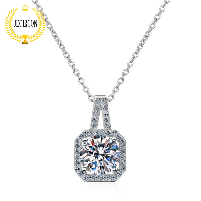 

JECIRCON-925 Sterling Silver Moissanite Necklace for Women Princess Bag Pendant Plated PT950 Clavicle Chain 0.5/1/2ct Jewelry