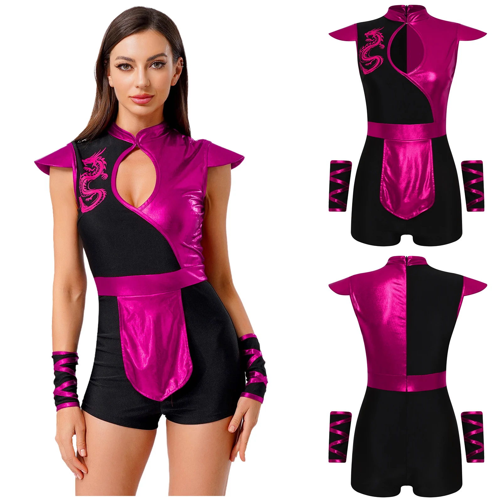 

Women Ninjia Stage Performance Costume Metallic Shiny Ninjia Cosplay Rompers with Arm Warmers for Halloween Carnival Outfits