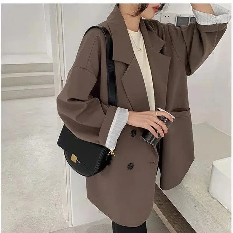 Blazer wanita Vintage cokelat, jaket wanita kasual elegan resmi lengan panjang musim semi musim gugur modis ukuran besar Chic 2023