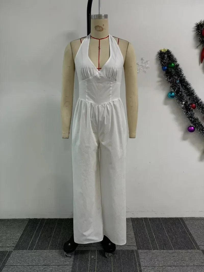 เซ็กซี่ Halter Backless กางเกงขากว้าง Jumpsuits ผู้หญิงลึก V คอลําลองหลวม Overalls ฤดูร้อน Rompers
