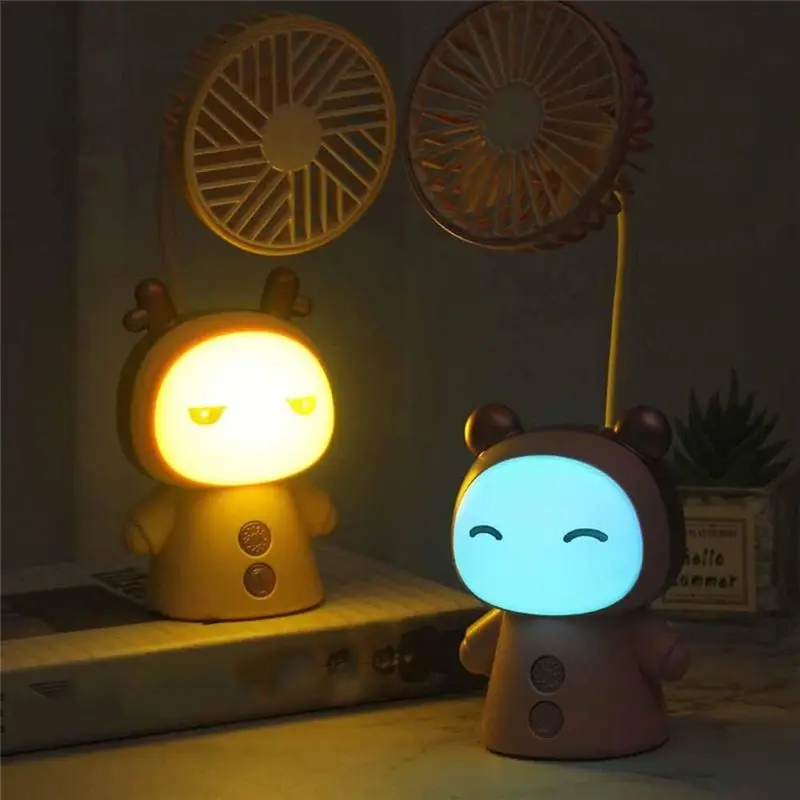 【NEW A39M】 Mini Fan Cartoon Portable Fan With Night Light USB Rechargeable Operated Folding Small Fan For Table Study Desk Lamp
