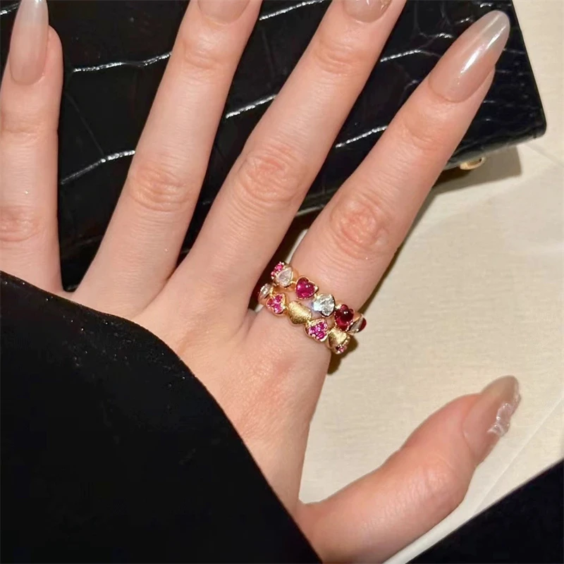 Candy Sweetheart cincin pembuka emas wanita, aksesori jari Retro hati merah zirkon tembaga