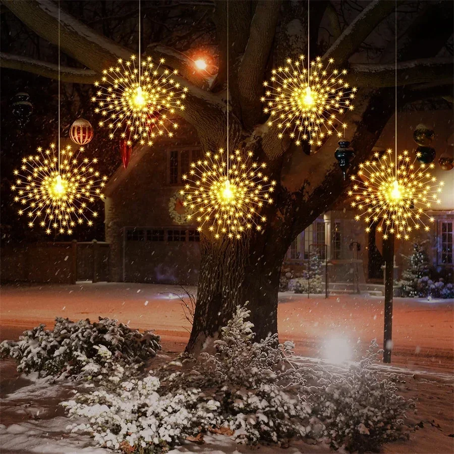 Feux d'artifice solaires étanches à LED, lumières de Noël dégradées, guirxiété en fil de cuivre, extérieur, 600/1200