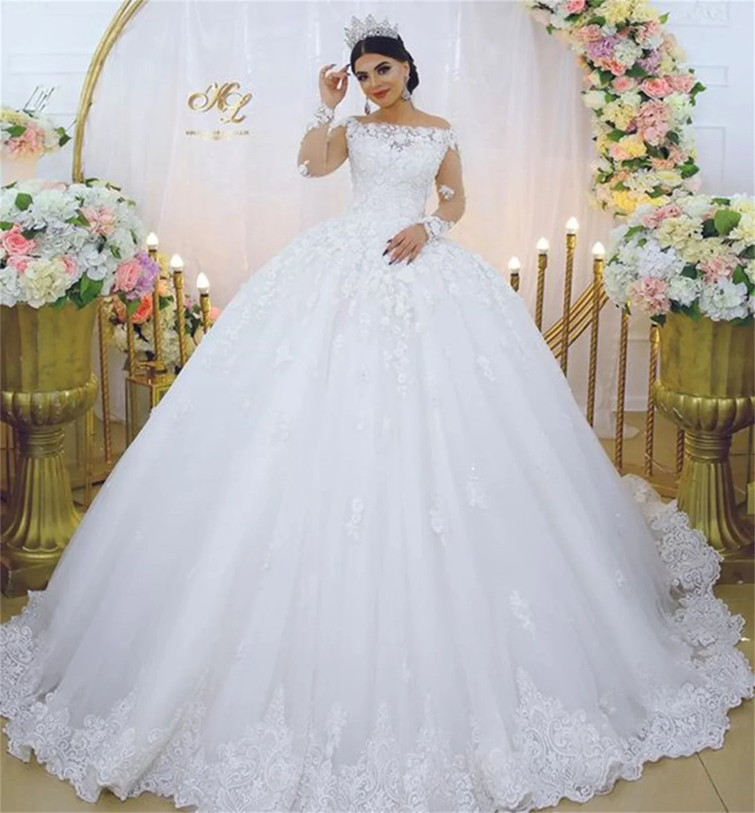 Abiti da sposa Vintage in pizzo bianco abito da ballo principessa Bateau collo maniche lunghe abiti da sposa formali da donna Plus Size matrimonio