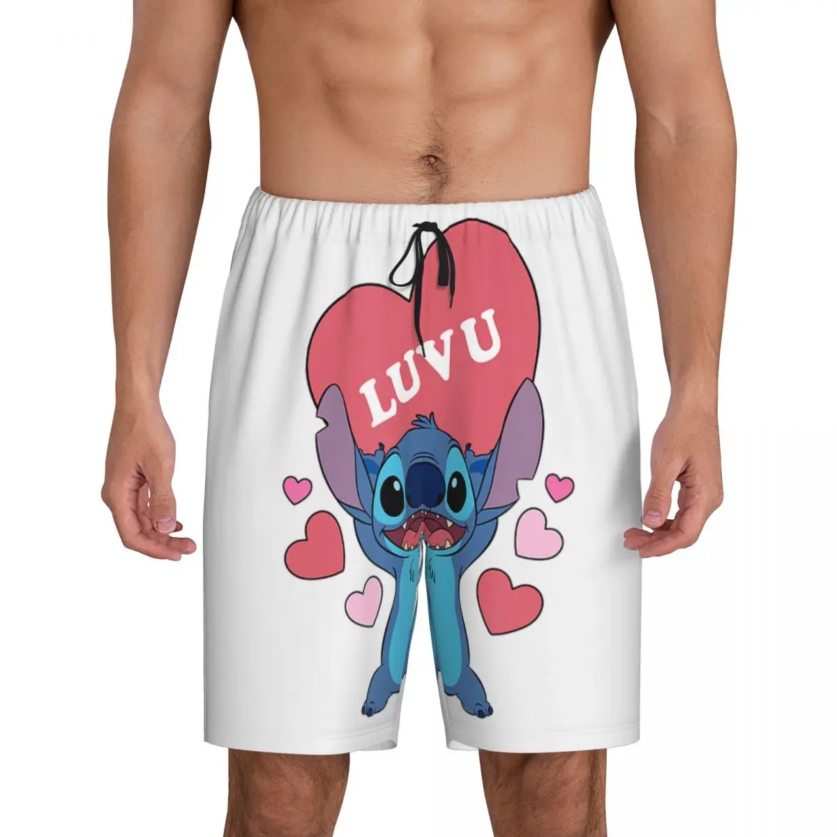 Custom Stitch Love You Heart Style Pattern Pajama Shorts Sleepwear Men's Elastic Waistband Sleep Lounge Short Pjs with Pockets