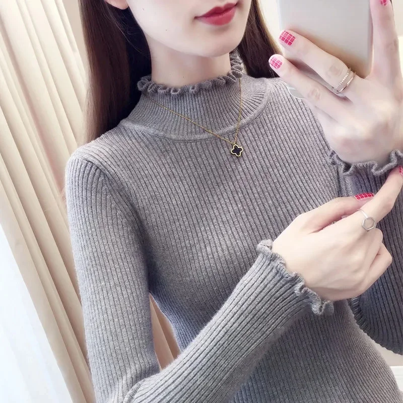 

New Pullover Ribbed Knitted Sweater Autumn Winter Clothes Women 2023 High Neck Long Sleeve Slim Basic Woman Sweaters Tops