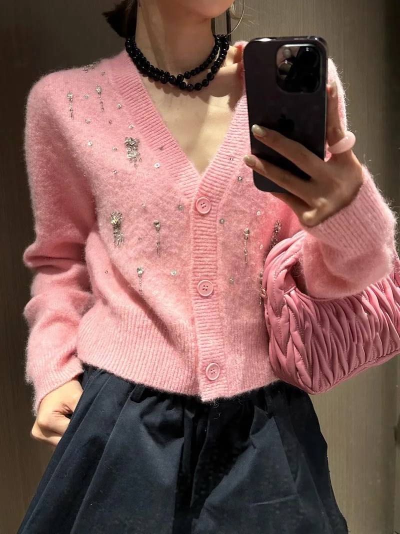 2024 Women's Autumn Winter New Knitwears Trendy Ladies Sweater Jacket Beaded Diamond Gorgeous Long-sleeve Knitted Short Cardigan