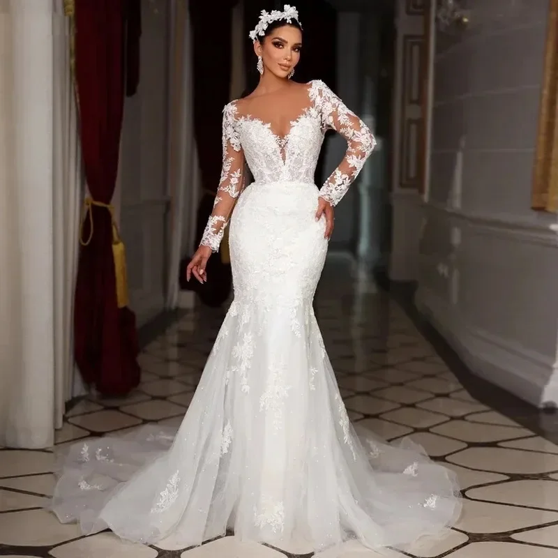 

Romantic Beading Long Sleeve Mermaid Wedding Dress Appliques Detachable Gorgeous Train Trumpet Bridal Gown Customized Vestido de