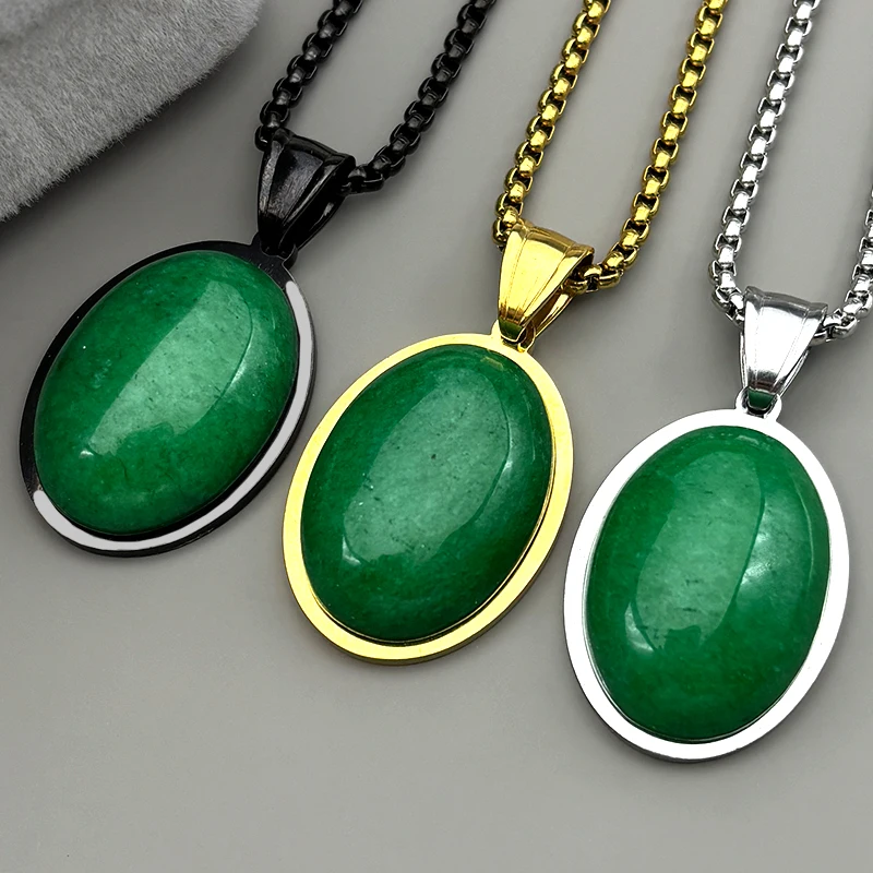 Trendy Naturstein Weiblichen Kette Für Frauen Männer Edelstahl Grün Oval Form Elegante Party Elegante Charme Halskette Schmuck – Detail 7