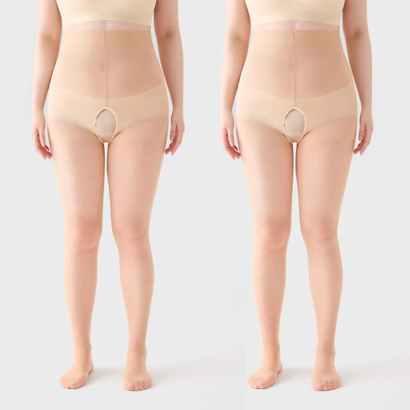 2 Pairs Plus Size Sheer Tights for Women Open Crotch Pantyhose 20D High Waist Pantyhose Stockings Control Top Resistant