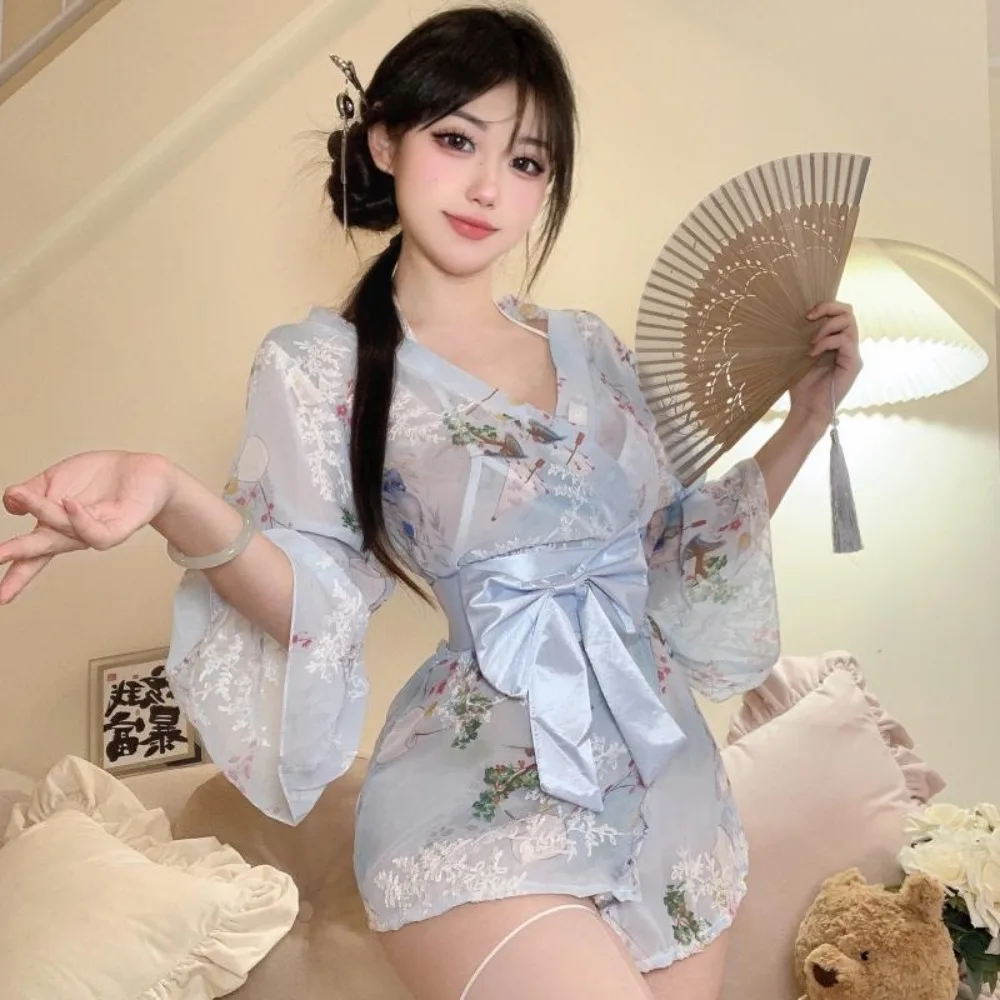 Japanischer Kimono mit V-Ausschnitt, sexy Dating-Robe, 2025, neues bedrucktes Nachthemd, Bademantel, Pyjama, Damen-Fantasie-Kostüme, Dessous