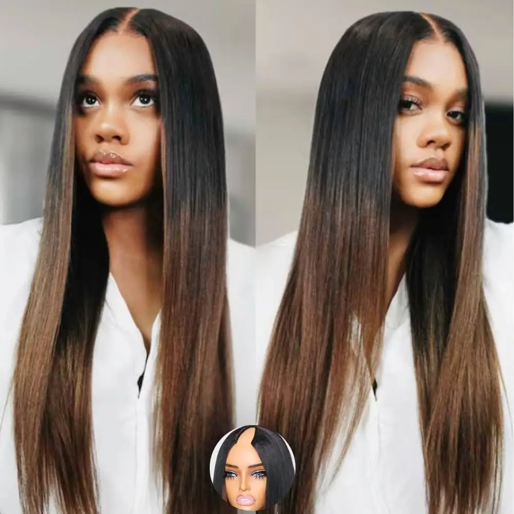 Klaiyi Hair Ombre Brown Yaki Straight V Part Wig With Drawstring Clip in No Glue Human Hair Wigs
