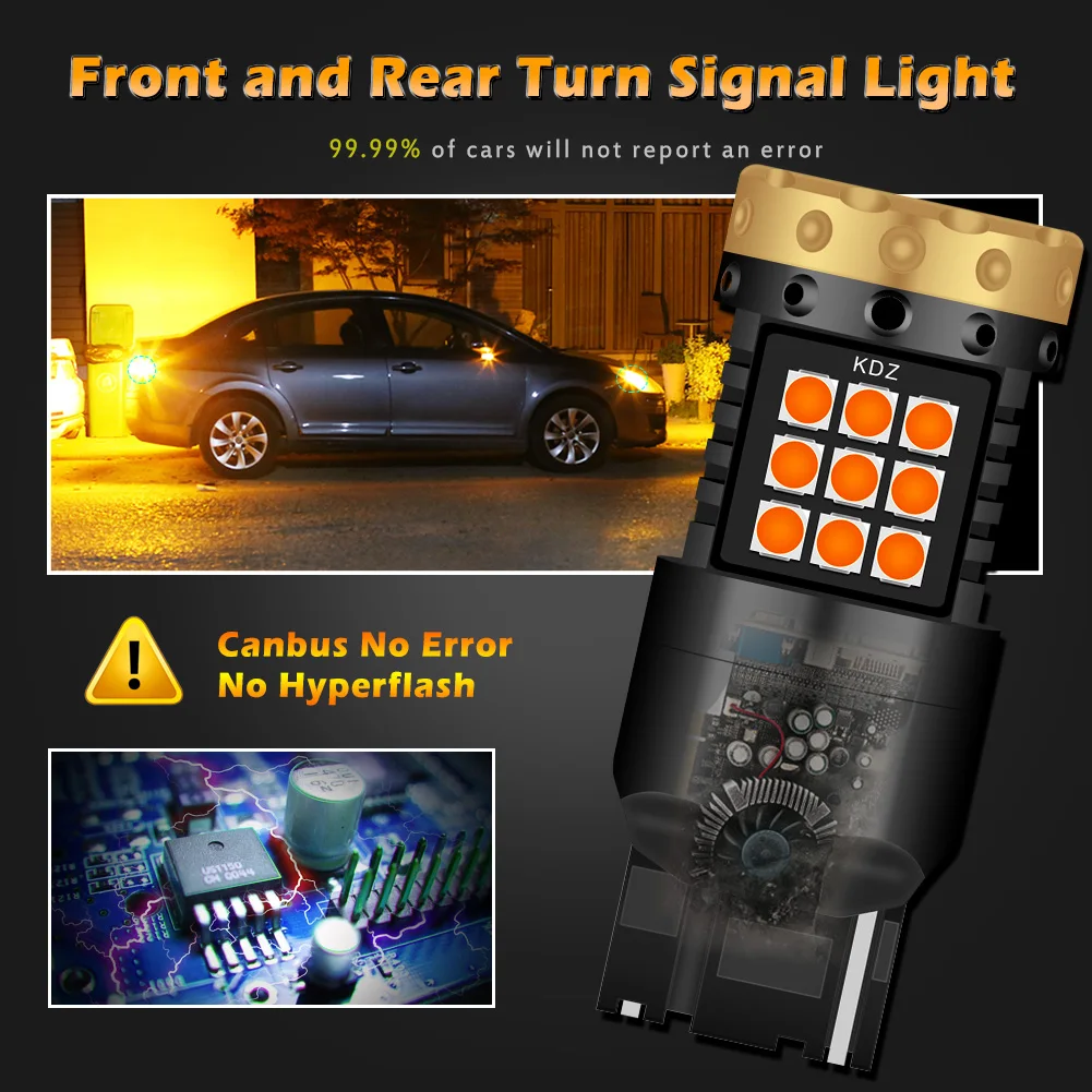 2Pcs No Hyper Flash T20 7440 LED Canbus W21W WY21W 7440NA LED Turn Signal Light Bulbs Error Free 3030SMD Chips Car Lamp Amber