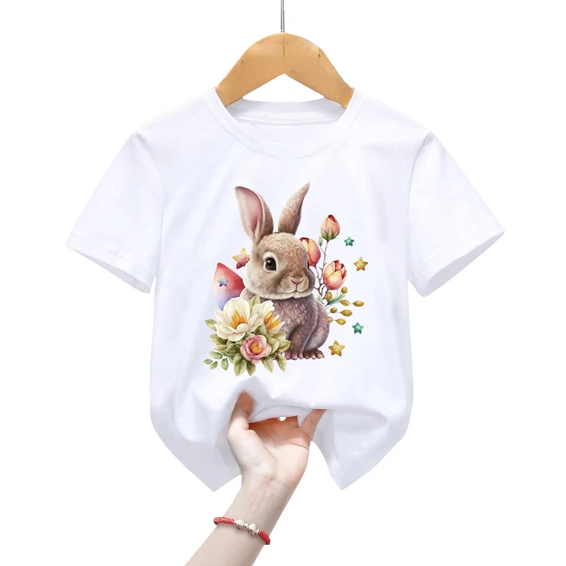 Camisetas estampadas de coelhinho da Páscoa infantil, roupas masculinas e femininas, tops animais vintage, flor dos desenhos animados, moda casual