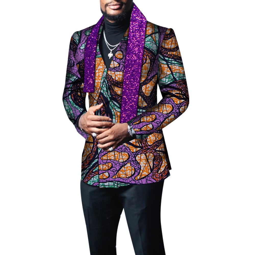 News African Clothes Men Blazer with Scarf Riche Bazin Jacket Coat Outerwear Full Sleeve African Clothing WYN1382