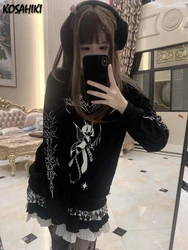 Japanese Cartoon Printing Cute Casual Women Y2k Aesthetic Hoodies Vintage Oversized Black Top Harajuku Grunge Autumn Sweatshirts