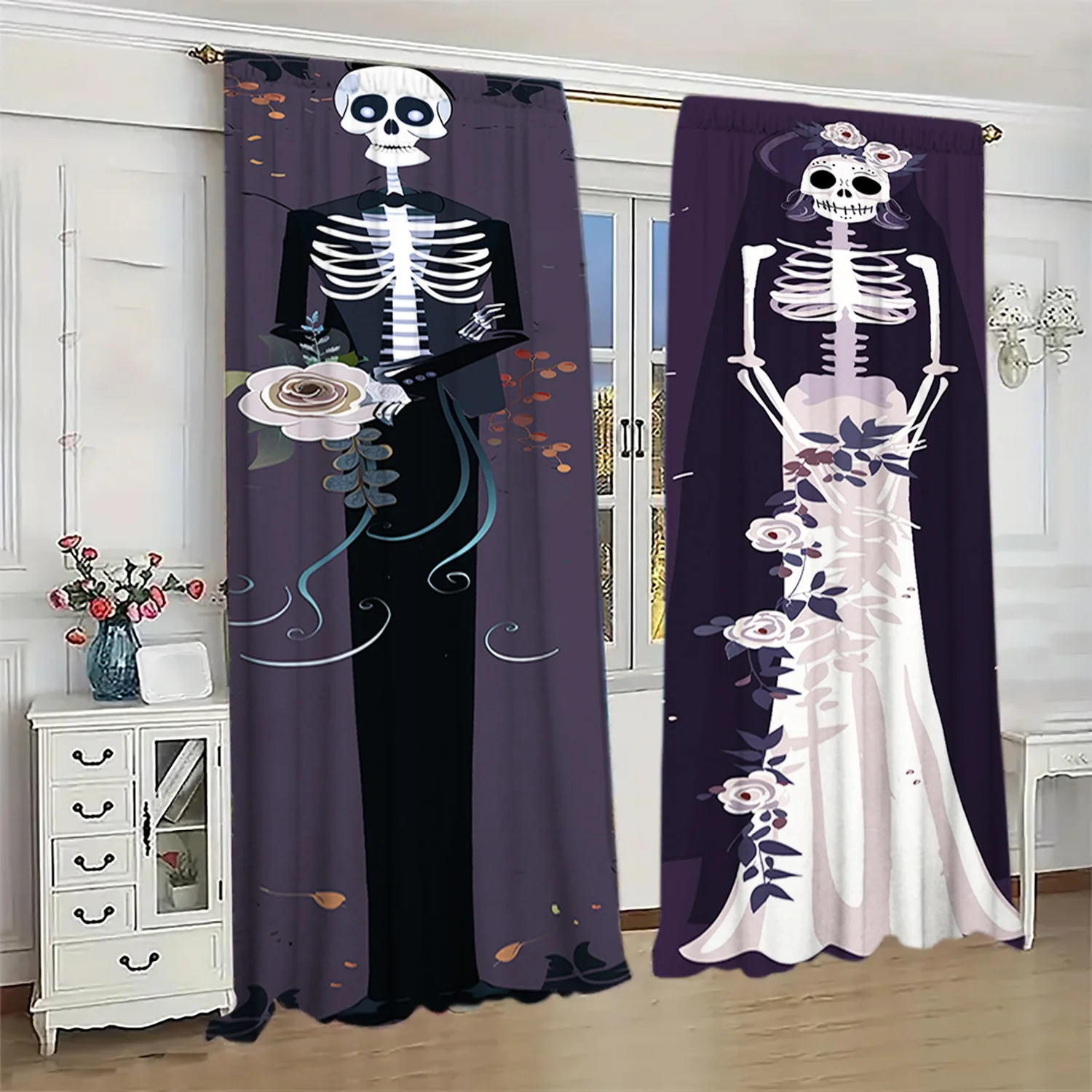 Gothic Skeleton Wedding Curtain, Bride & Groom Skull Print Drape, Halloween Horror Party Window Treatment for Home Decor