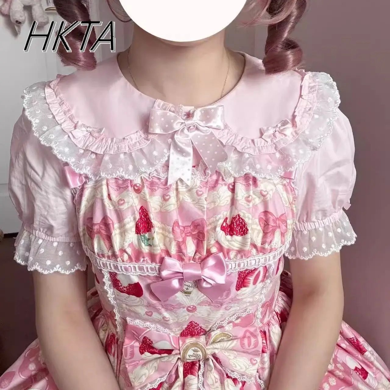 Sweet Cute Bubble Short Sleeve Doll Collar Lolita Versatile Blouse Women Top Kawaii Bow Pleated Pink Blusas Inside Tops Female