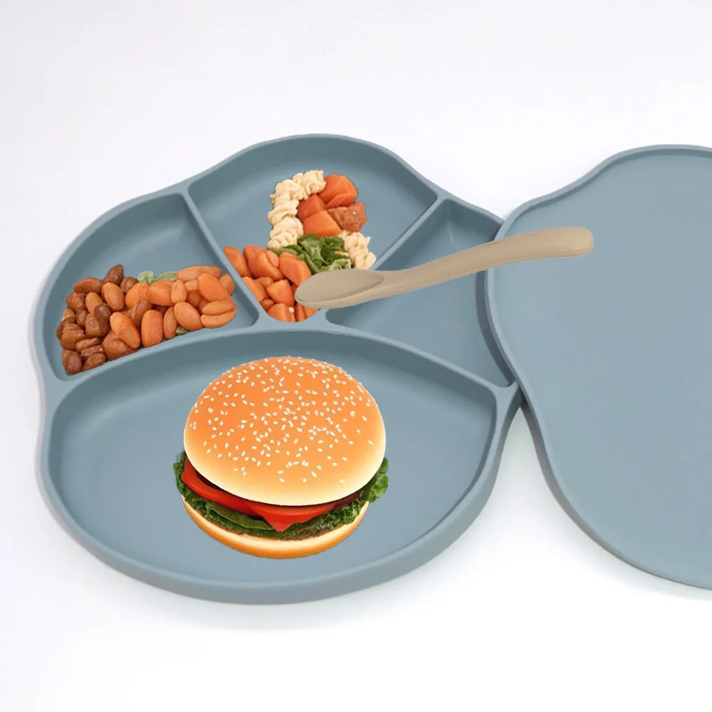 Silicone Baby Sucker Silicone Dining Plate Rice Spoon Set Cute Cartoon Children Dishes Smile Face Baby Tableware Retro Kid Bowl