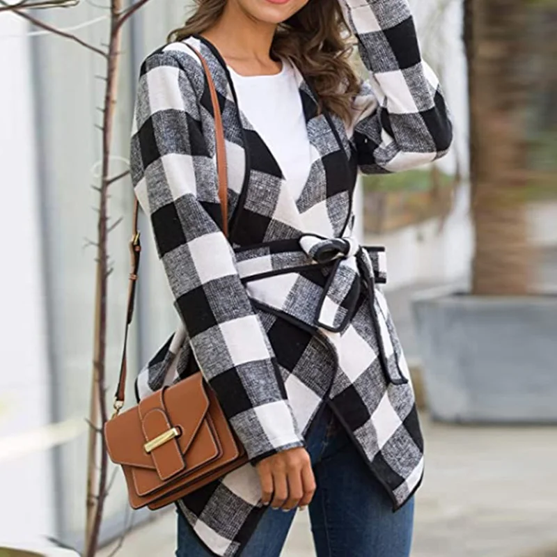 Wool Blend Jacket Women Coat Plaid Sashes Irregular Turn Down Collar Long Sleeve Jackets 2022 Autumn Winter Fashion Casual Coats