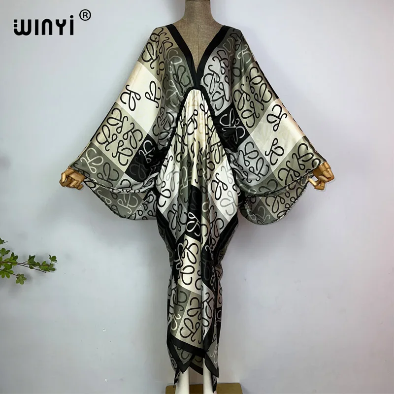 Sexy beach high-quality hand-rolled feel silk rayon fashion print 2023 WINYI Maxi women\'s robes long beach V-neck Bohemian dress