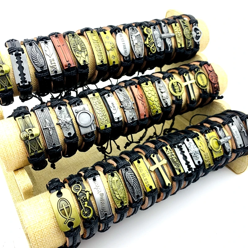 10pcs Leather Cuff Bracelets For Men and Women Handmade Copper Alloy Fashion Jewelry Rope Tie Size Adjustable