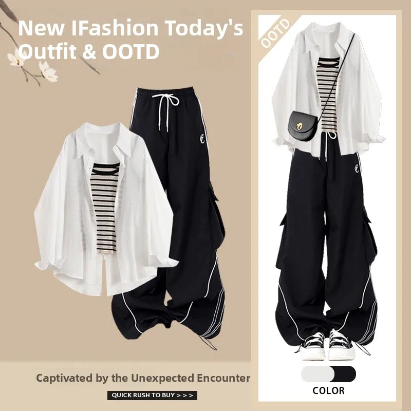 

Летний комплект, женский полосатый солнцезащитный шифоновый внутренний жилет больших размеров, повседневные брюки, комплект футболки, модный ансамбль