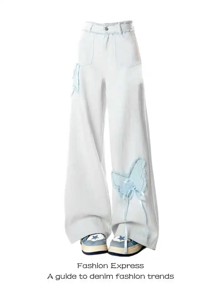 Y2K Blue Butterfly Womens Jeans High Waist Vintage Straight Baggy Denim Pants Streetwear American Fashion Wide Leg Denim Trouser