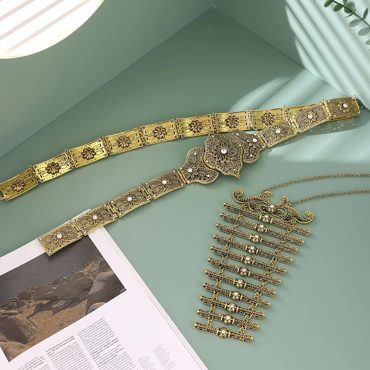 Caucasian Belt Breastplate Set Turkish Bride Wedding Jewelry Gold Color Bronze Crystal Waist Chain Adjustable Length