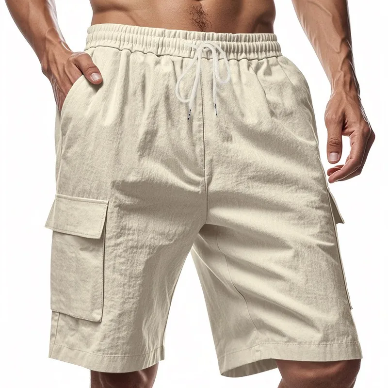 2025 new summer casual cotton and linen pocket solid-color shorts, men's lace-up fashionable and comfortable beach cargo pants