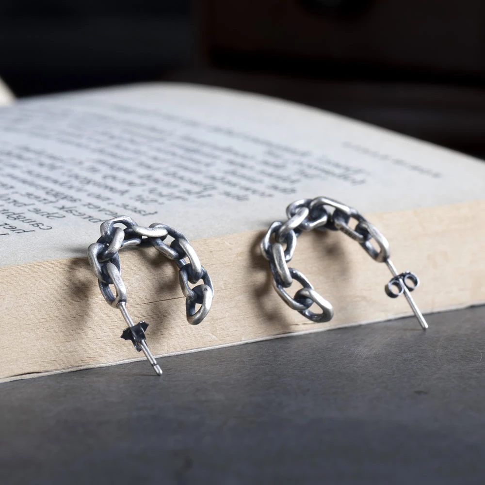 Vintage Style Chain Hoop Earrings Pure Silver Factory Design Unique Circular Retro Earring 925 Sterling Silver Jewelry for Women