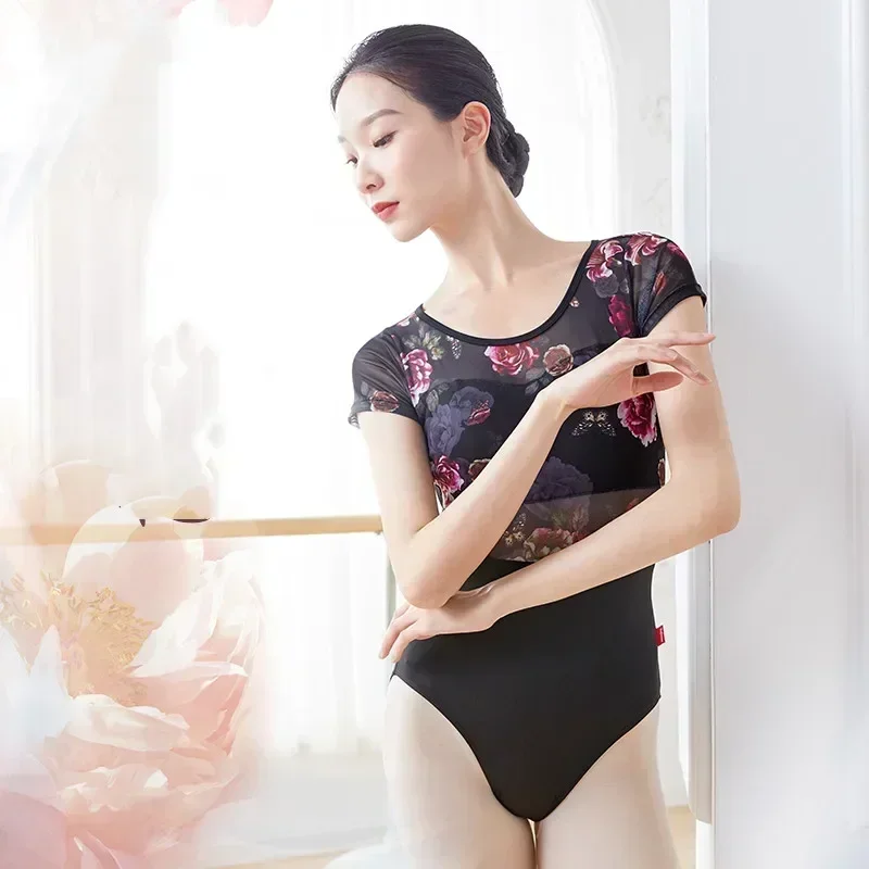 Justaucorps de Ballet pour femmes, dos nu, manches courtes, imprimé Floral, Patchwork, pour adultes et filles, Skate, pôle danse, body, maillots de bain
